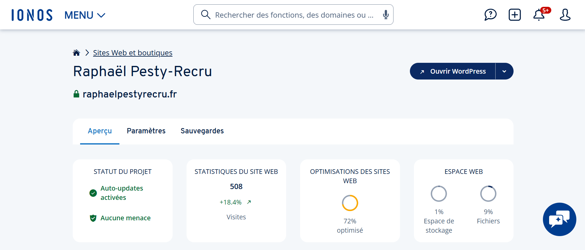 Tableau de bord IONOS